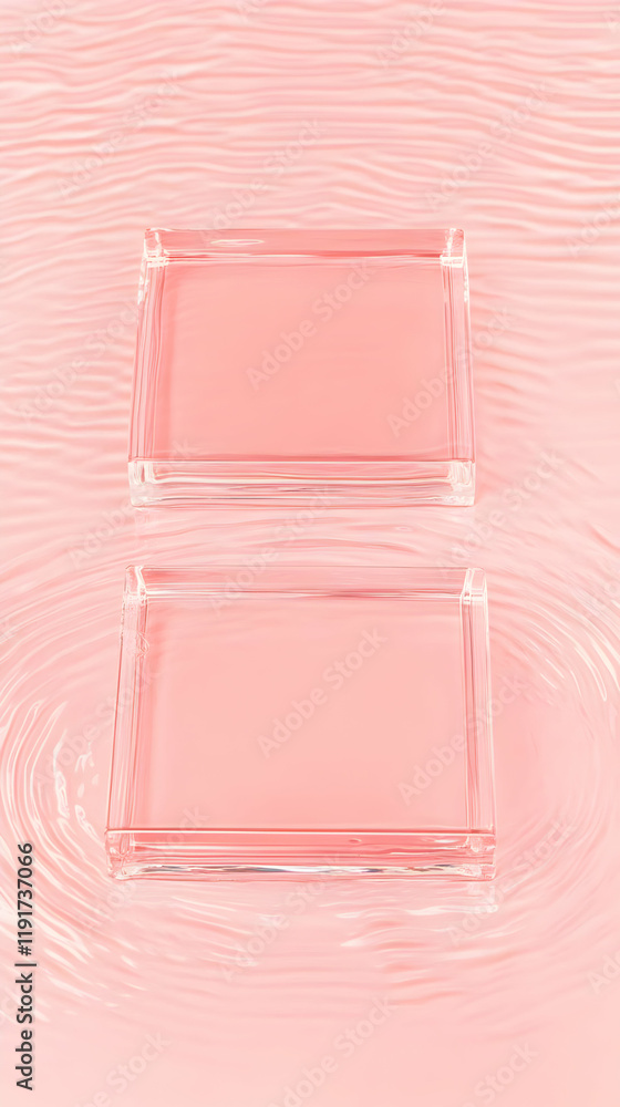 Poster two empty glass rectangular trays on a pink rippled background for product display