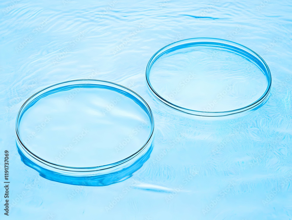 Poster two empty petri dishes float gently on a rippling surface of clear blue water, creating a serene lab