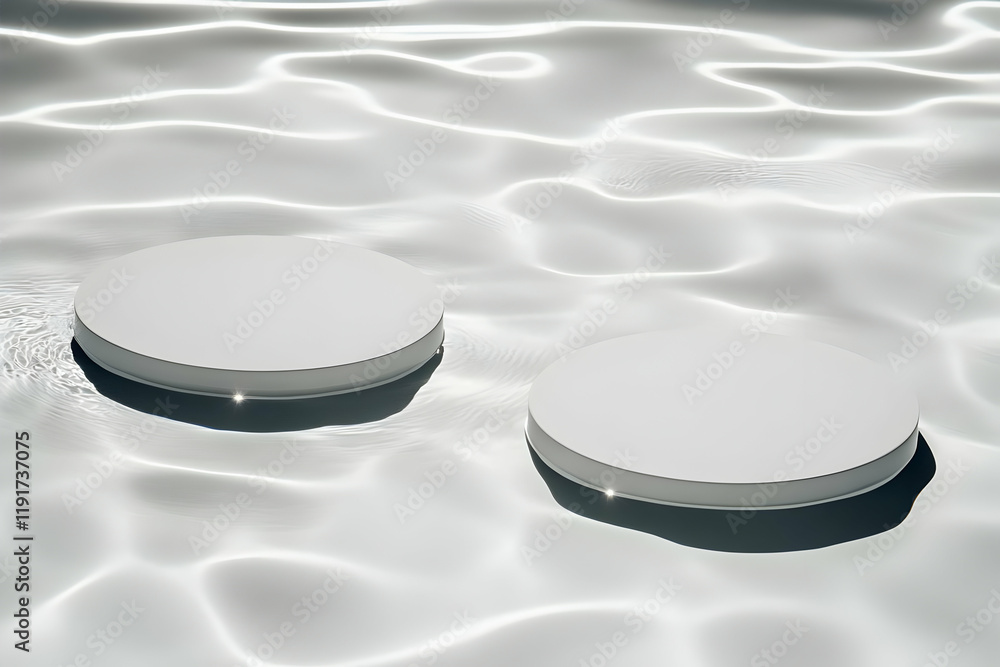 Poster two white round podiums float serenely on a rippling surface of clear, shimmering water, creating a 