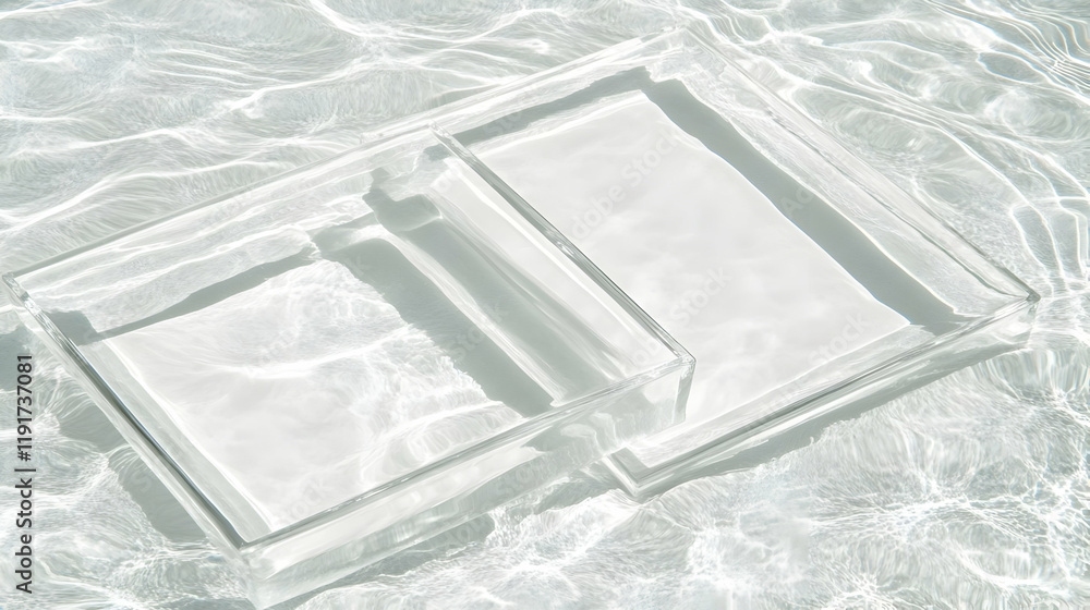 Poster two empty glass square dishes submerged in gently rippling water create a serene and minimalist scen