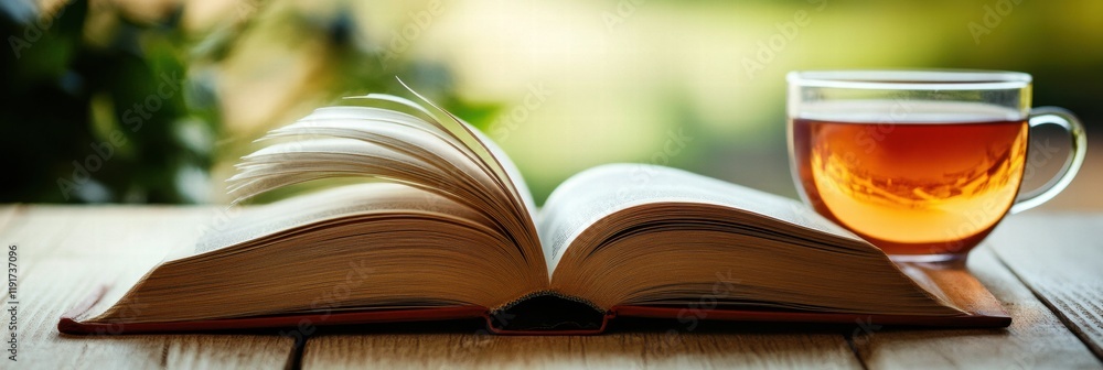 Poster Cozy reading nook with an open book and cup of tea on a rustic wooden table surrounded by greenery. Generative AI