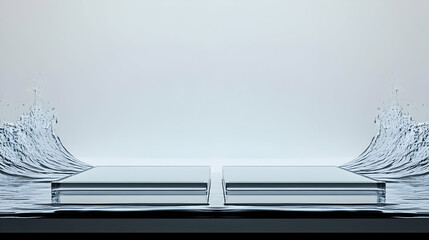 Two Glass Plates Stand Firm Amidst Splashing Water Waves in a Serene Minimalist Setting.