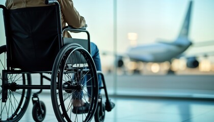 Person in wheelchair waits at airport runway. Airplane in background. Accessibility, travel for people with mobility needs. Individual ready for journey. Travel assistance. Comfort, service at