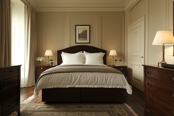 Dark wood bedroom furniture set with king-sized bed, storage chest, dressers, and lamps, creating a luxurious modern bedroom