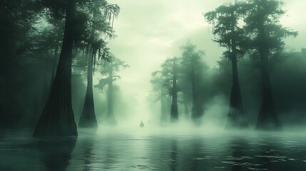 Obraz premium Misty swamp, lone boatman, cypress trees, eerie atmosphere, travel