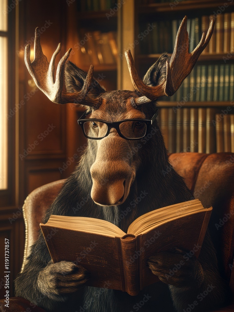 Poster moose wearing reading glasses enjoys a book in a cozy vintage library setting filled with shelves. g