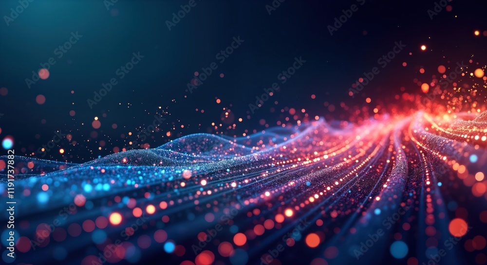 Poster abstract digital design with colorful lines, dots on dark blue background. flowing lines, glowing do