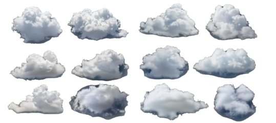 Collection of White Fluffy Clouds Isolated on Black Background