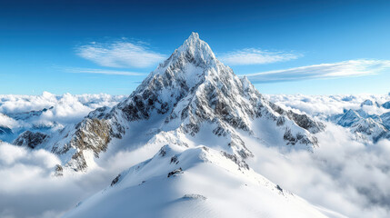 Majestic snow covered mountain peak rising above clouds under clear sky