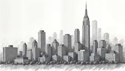 Fototapeta premium Detailed illustration of modern city skyline. Urban high-rise buildings form dynamic landscape against minimalist background. Structures in various sizes, styles show urban architecture. Minimalist