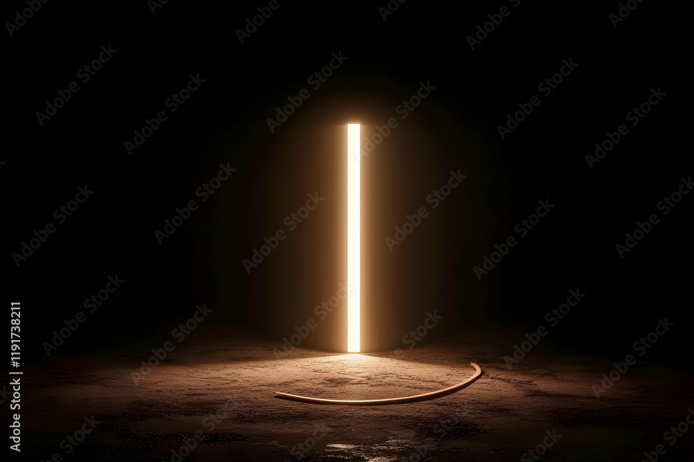 Poster glowing vertical light illuminates dark room with curved line on floor, creating a mysterious ambian