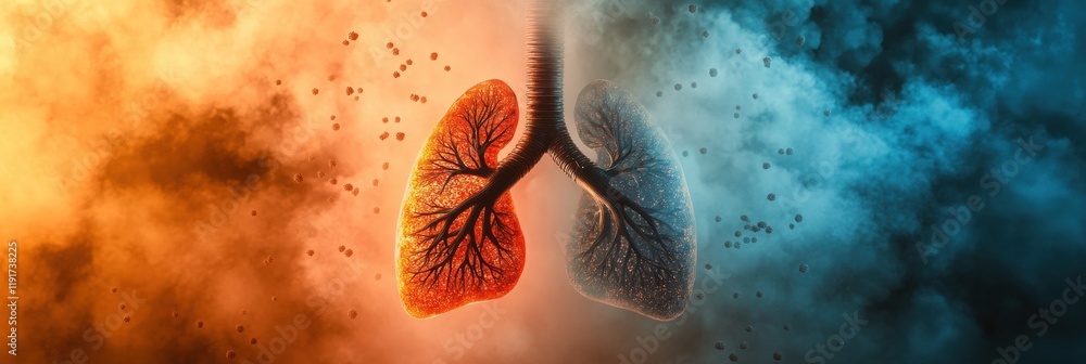 Poster Realistic depiction of lungs surrounded by smog and dust particles in a contrasting atmosphere of pollution and clean air. Generative AI