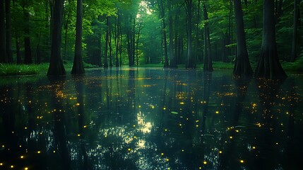 Firefly reflections in swampy forest at night