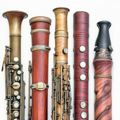 Naklejka premium Set of vintage woodwind instruments, assorted clarinets and oboes, rustic wooden texture