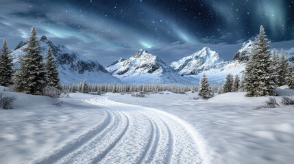 Obraz premium snowy landscape with winding path under Aurora Borealis