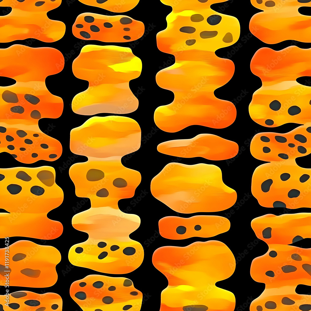 Poster abstract orange shapes pattern on black background seamlessly repeats vertically
