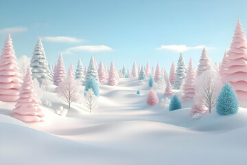 Pastel Winter Wonderland: 3D Illustration of Pink and Blue Snowy Trees in a Serene Landscape