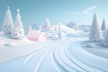 3D Winter Wonderland Scene with Pink Houses, Snowy Trees, and a Winding Path through the Hills.