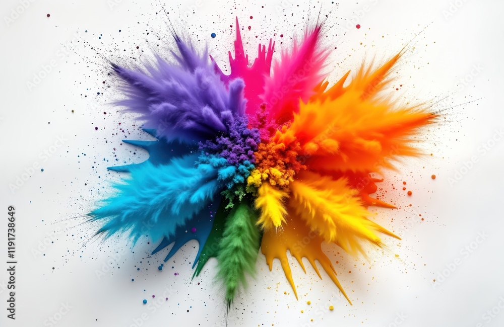 Poster colorful powder explosion on white background. vivid colors explode in dynamic splatter pattern. abs