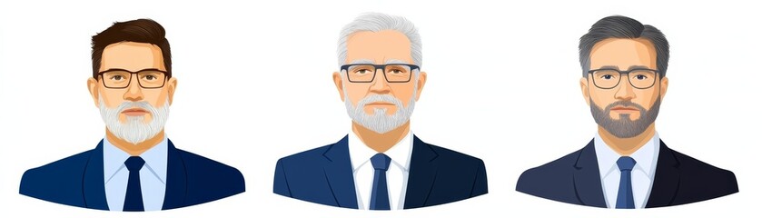 Stylish trio, three bearded men in glasses portraying modern masculinity and contemporary fashion