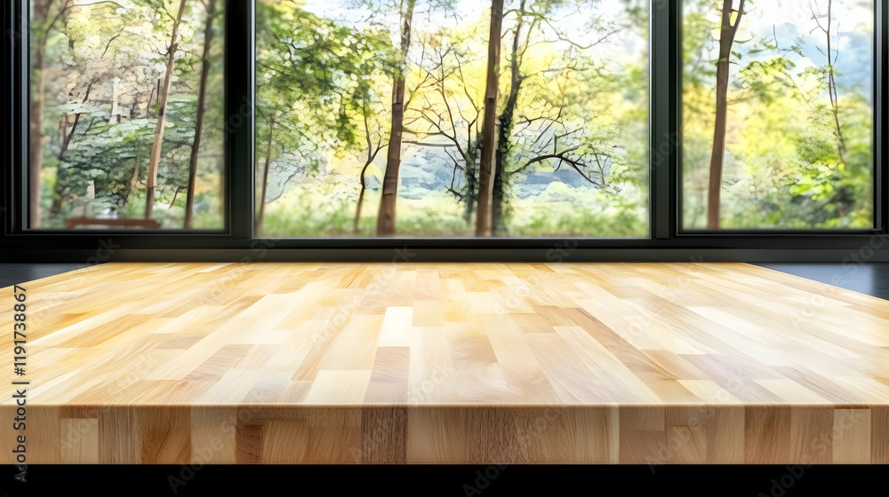 Aufkleber empty wooden table top with blurred forest view background shows nature through a window perfectly.
