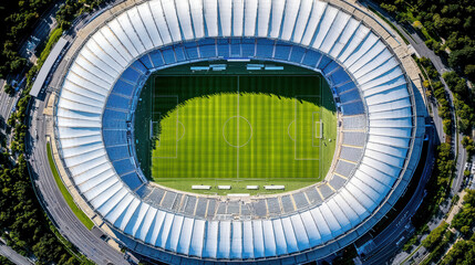 Aerial view of large sports stadium with green field and seating