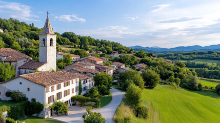 Fototapeta premium Aerial view of picturesque village with church and lush greenery