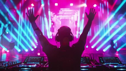 dj with hands up in a nightclub with blue and pink lasers seamless looping overlay 4k virtual video animation background