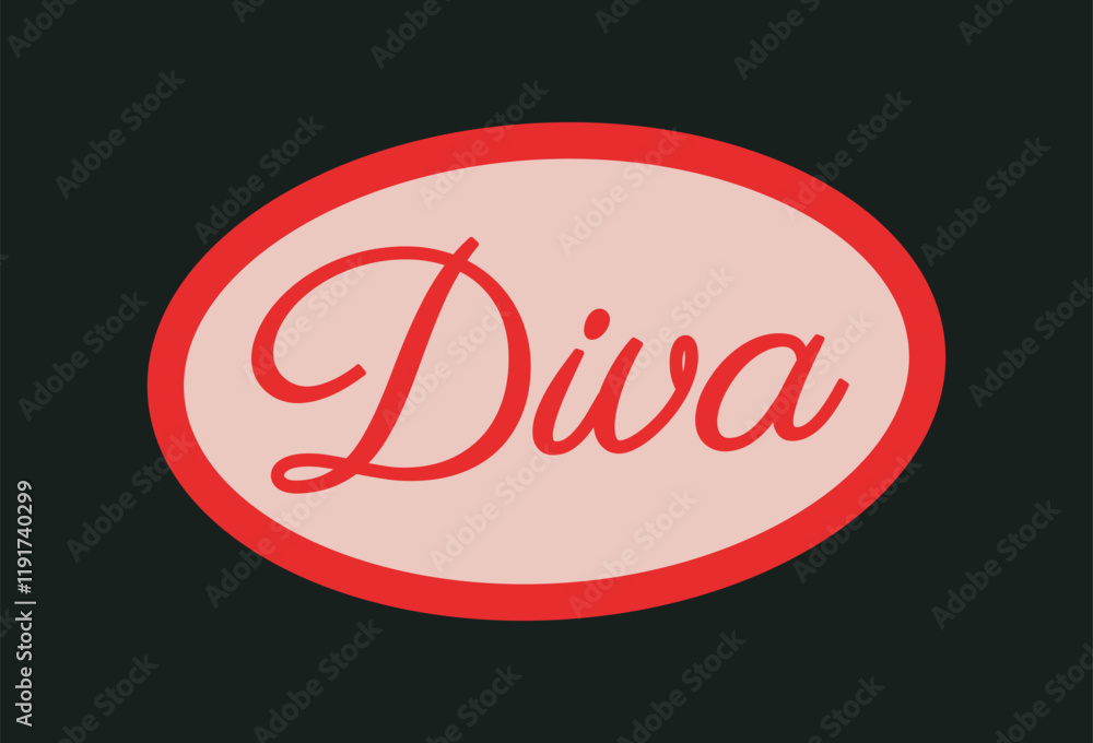 Poster bold red diva text in cursive style, centered within a red-bordered oval on a black background. eleg