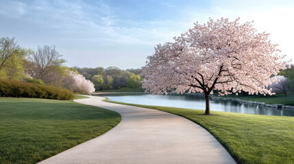 serene path lined with beautiful cherry blossom trees by tranquil lake