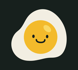 Cartoon illustration of a cute fried egg with a cheerful smiley face, featuring a vibrant yellow yolk and clean design on a simple black background. Creative concept. Vector illustration.