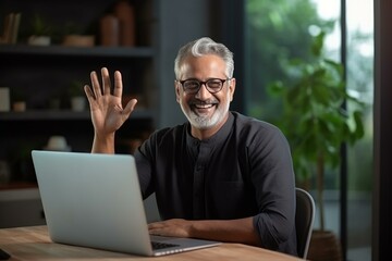 Fototapeta premium Happy mature businessman waving at laptop, making video call, attending online meeting, working from home