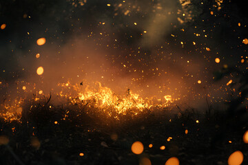 Naklejka premium Fire, burning grass, forest, field, uncontrolled fire, open fire, fire destroys everything, dangerous fire