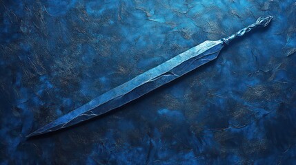 A long, blue, metallic sword rests on a dark blue textured surface.