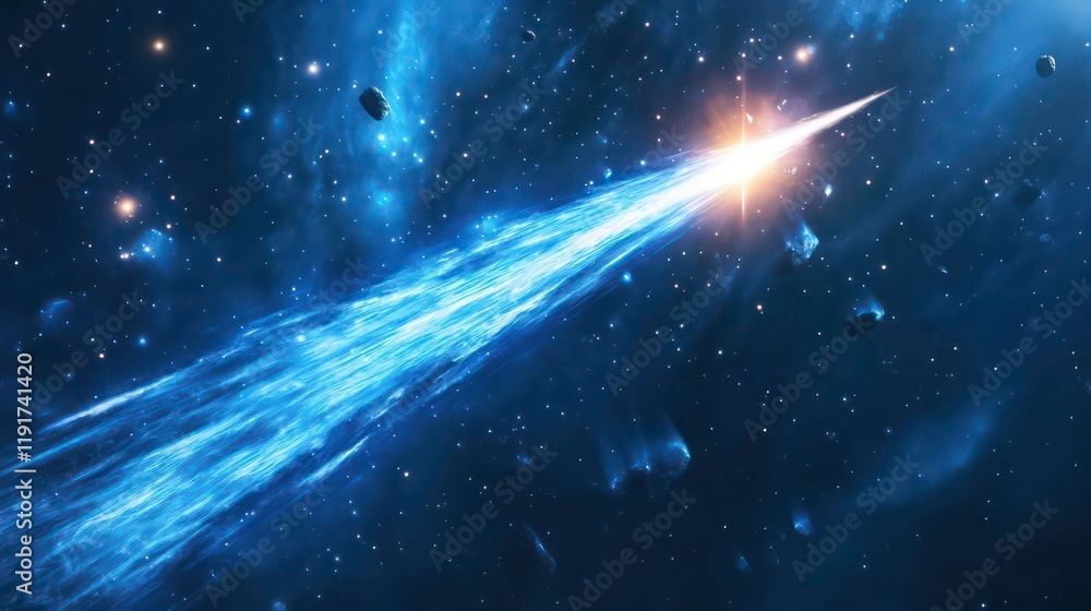 Poster bright blue comet streaks across dark space, surrounded by asteroids and nebulae.
