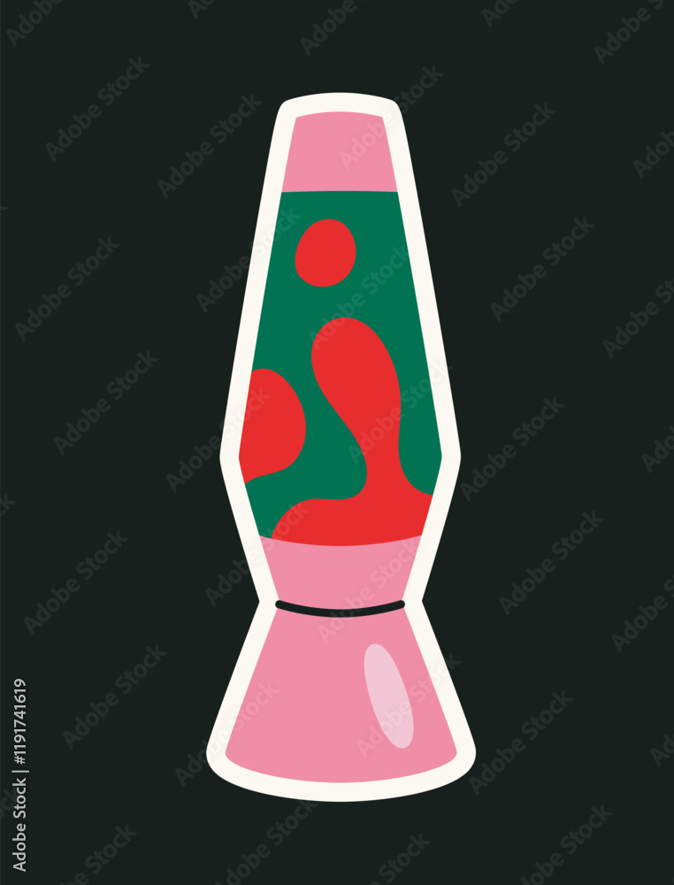 Poster retro-style lava lamp in pink and green with red flowing shapes, set on a black background. minimali