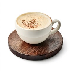 Obraz premium Close-up of a steaming coffee cup sits on polished brown wooden board, capturing the rich morning aroma, perfectly separated on white background. Perfect for coffee, breakfast or rustic kitchen.