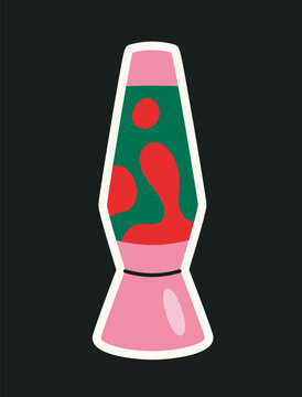 Retro-style lava lamp in pink and green with red flowing shapes, set on a black background. Minimalistic design concept. Vector illustration