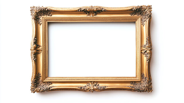 Antique gold frame decoration, glass mirror isolated on white background. vintage retro ornate carved baroque classic aged object.