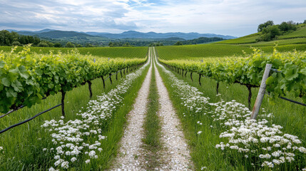 Obraz premium Picturesque vineyard in spring with rows of grapevines and flowers