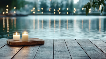 Fototapeta premium Relaxing atmosphere with candles and soft music by water