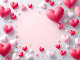 Valentine's Day hearts in red, pink, and white on a pink background.
