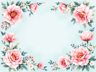 Fototapeta premium Floral border with pink roses and daisies on light blue background.