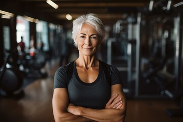 Fototapeta premium Confident senior fitness instructor smiling with crossed arms in a modern gym