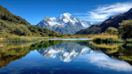 Serene mountain range reflected in crystal clear lake, showcasing nature beauty