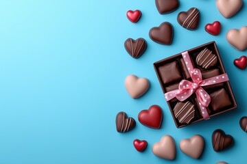 Valentine's background with chocolate and gift box on blue table, flat lay.