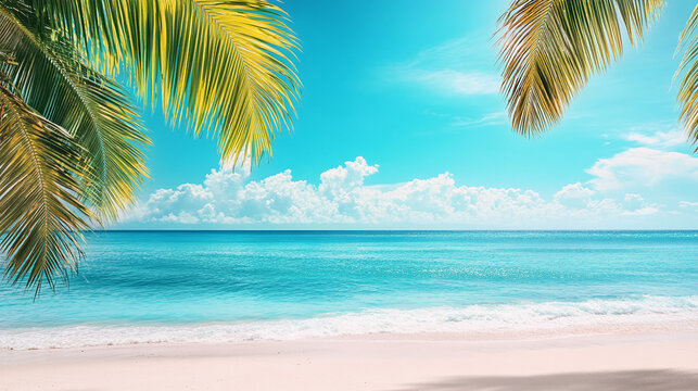 Coconut palm tree leaf leaves branch against the blue sky background. tropical summer holiday vacation caribbean island paradise, exotic hawaii coast tourism banner or wallpaper.