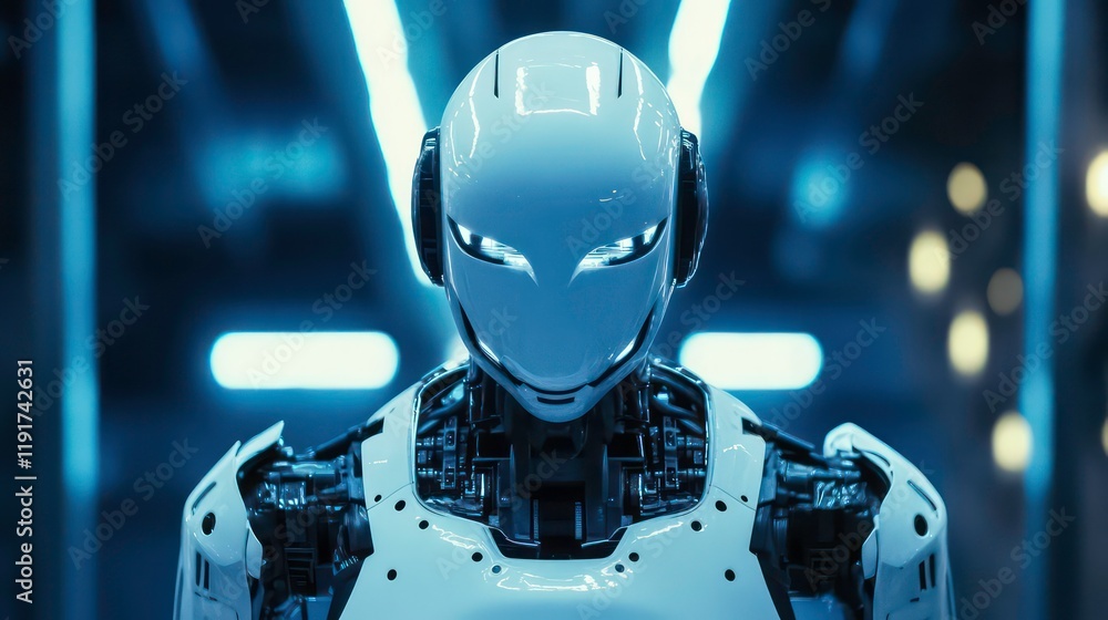 Aufkleber close-up of a futuristic white robot with glowing eyes in a blue-lit laboratory.
