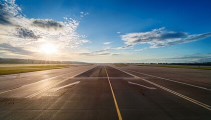 Generated image In early morning light of a sunny day, airport runways sprawl out in a wide-angle view