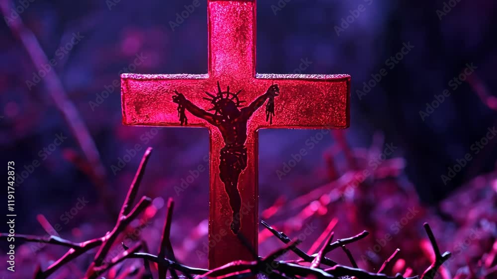 Poster cross illuminated by eerie red light in a dark, abstract setting with twigs and shadows